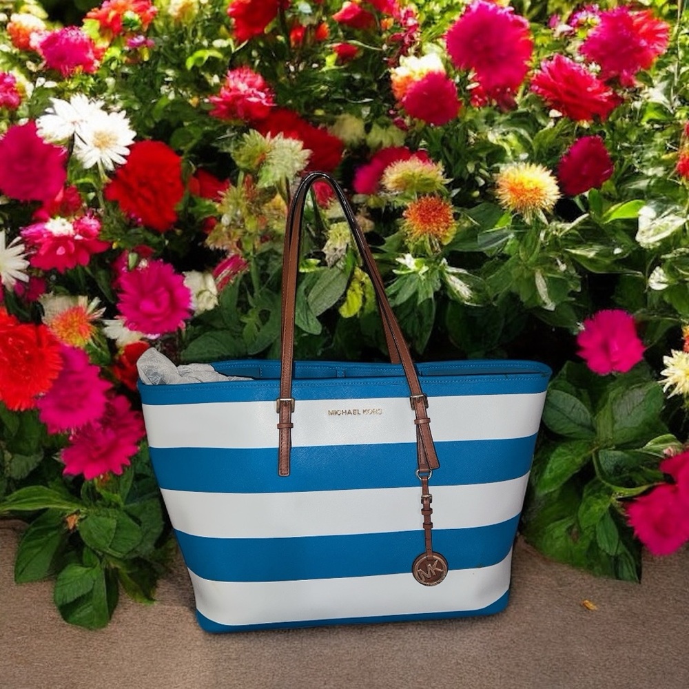 Michael Kors Blue/White Striped Coated Canvas Travel Jet Set Tote - NEW